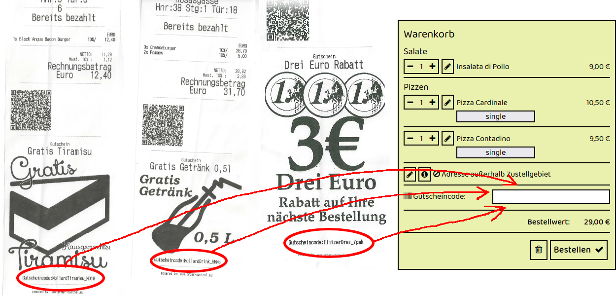 Beispiel für Gutscheincodes auf Rechnungszetteln von La Sera 2 in Wien Rüdengasse 16 – drei Rechnungen mit individuellen Gutscheincodes, die im Online-Warenkorb des Restaurants eingegeben werden können.